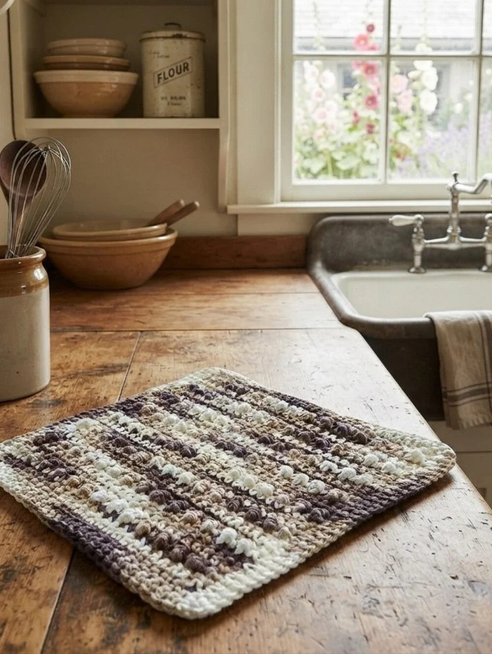 Handcrafted Crochet Dishcloth Set 8x8 EcoFriendly Cotton Neutral Cottage Palette